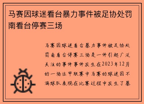 马赛因球迷看台暴力事件被足协处罚南看台停赛三场 马赛因球迷看台暴力事件被足协处罚南看台停赛三场