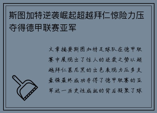 斯图加特逆袭崛起超越拜仁惊险力压夺得德甲联赛亚军